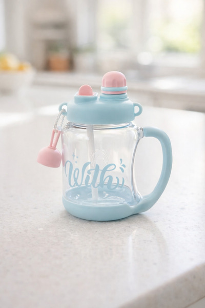 Kitchen Way 900ml Polycarbonate Glass Flask with Patterned Straw and Lid Kw-1030