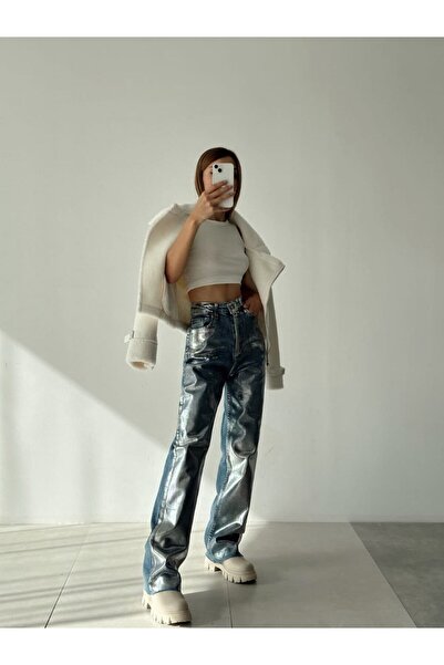 cottonage Silver Foil Palazzo Jean Pants Imported Fabric