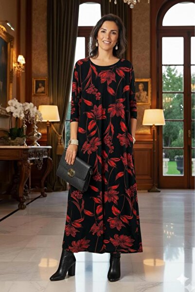 Nevin Kaya Moda Чорно-червона сукня з весняним квітковим візерунком