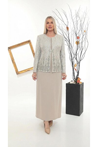 MİSS DİAMOND Beige jacquard woven jacket dress set with stone-embellished lining