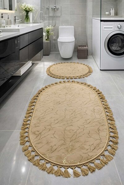 Monnhein Glitter Bamboo 2-Piece Bath Mat Set, with Pompom, Non-Slip Leather B...