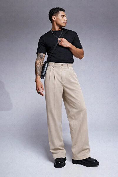 COMBİNE MİCHAİL Men's Loose Wide-Leg Casual Cream Baggy Pants
