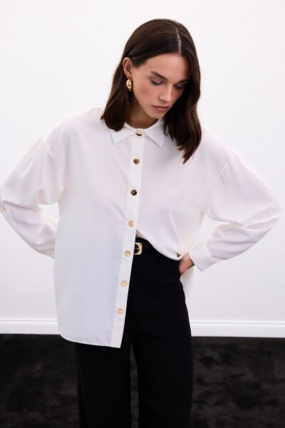 Sateen Snap Detailed Shirt - Ecru