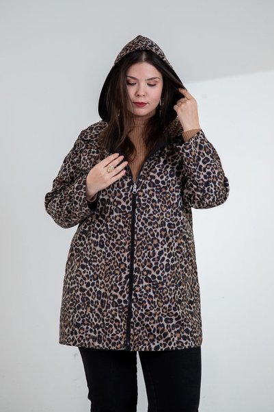 Roxxlen Palton negru reversibil cu imprimeu leopard pentru femei de mărime mare