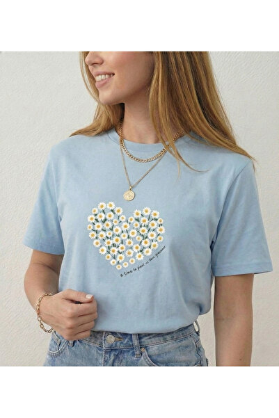 BUWOM Γυναικείο μπλουζάκι με στάμπα Heart Daisy και λαιμόκοψη ποδηλάτου