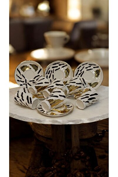 BY.RAYKA PORSELEN El Dekor ZEBRA 6 LI PORSELEN EL BOYAMA KAHVE FİNCAN TAKIMI