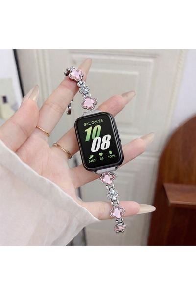 Alstrap Samsung Galaxy Fit 3 Uyumlu Taşlı Yonca Desenli Metal Kordon