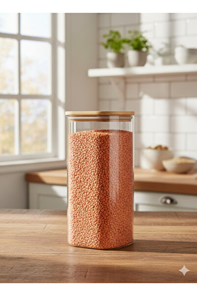 zaTen Pazar Lüks Bambu Kapaklı Kare Cam Kavanoz - 21.5 cm Vakumlu Erzak Sakla...