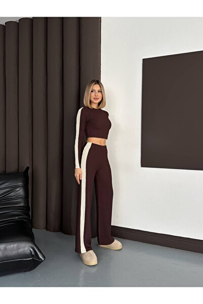 AYKA WEAR طقم نسائي من قطعتين من مينك تفاصيل مخططة كروب بانتس