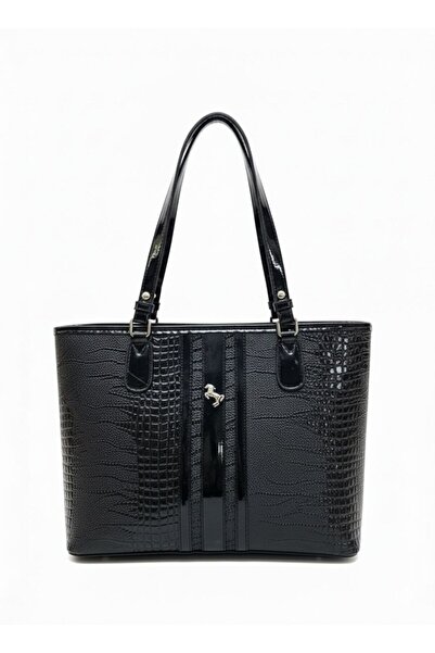 Çanta Trend Geantă de mână Miami Polo Clup din piele neagră lacuită, de dimen...