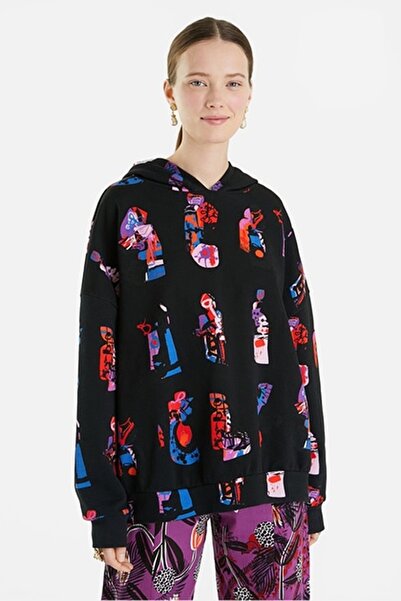 Desigual Fun cotton hoodie, various prints, Black
