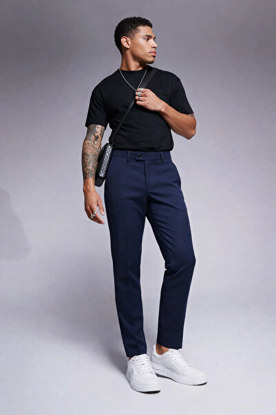 COMBİNE MİCHAİL Men's High Waist Straight Leg Blue Trousers