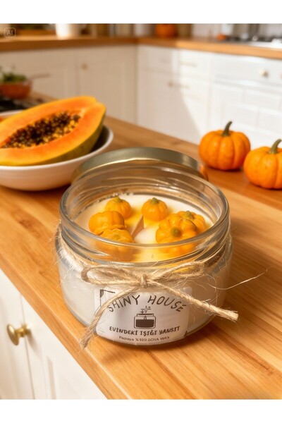El Yapımı Doğal Soya Mum – Papaya Kokulu Aromaterapi | Ahşap Fitilli, Uzun Yanış