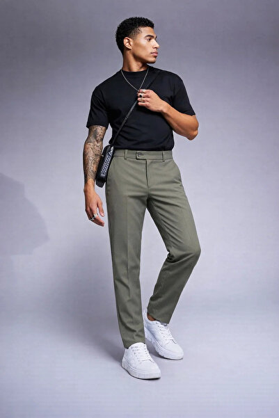COMBİNE MİCHAİL Men's High Waist Straight Leg Khaki Trousers