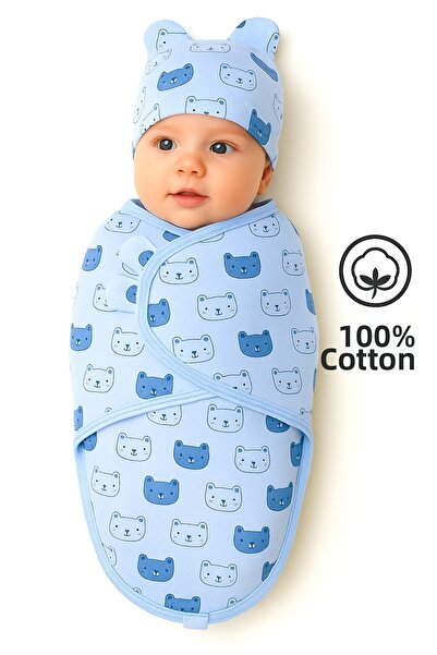 moukou 0-4 Months Baby 100% Cotton Swaddle and Hat, Velcro Fastener, Soft Com...