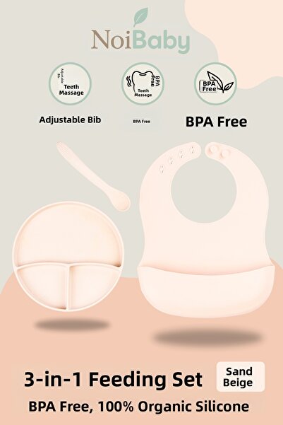 NoiBaby Cream 3-Piece Silicone Dinnerware Set – Bib + Teether Spoon + Vacuum ...