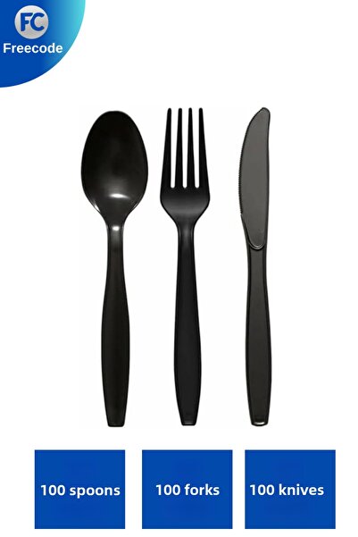 Freecode Black Plastic Fork Spoon Knife Set 3 Pieces |   Disposable |   Durab...