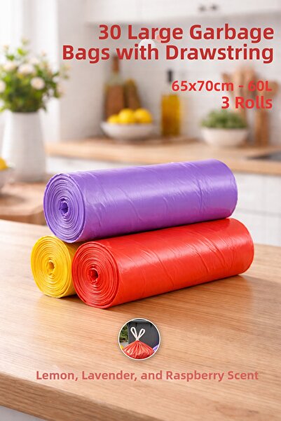 Destpak 30 Large Drawstring Trash Bags - Extra Strong - Lemon, Lavender, Stra...