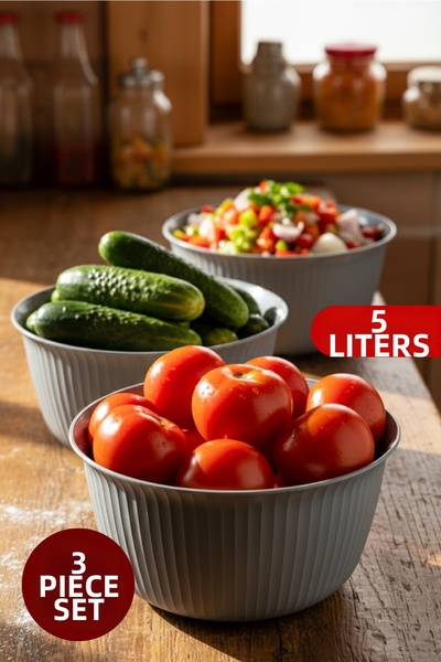 Vienev 3-Piece 5 Liter Plastic Mixing and Storage Bowl Set Gray