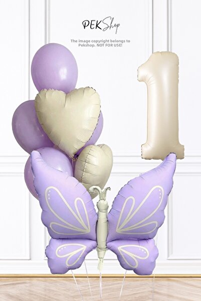 PEKSHOP 1 Year Old Retro Lilac Butterfly Theme Birthday Balloon Chain Set