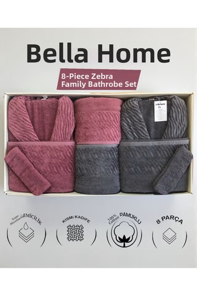 Bella Home 8 Piece Zebra Family Bathrobe Set - 100% Cotton - Original Luxury Box