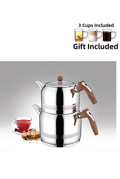 Kahramanlar Wooden Color Handle Midi Size Teapot Set with 3 Glass Mugs Gift