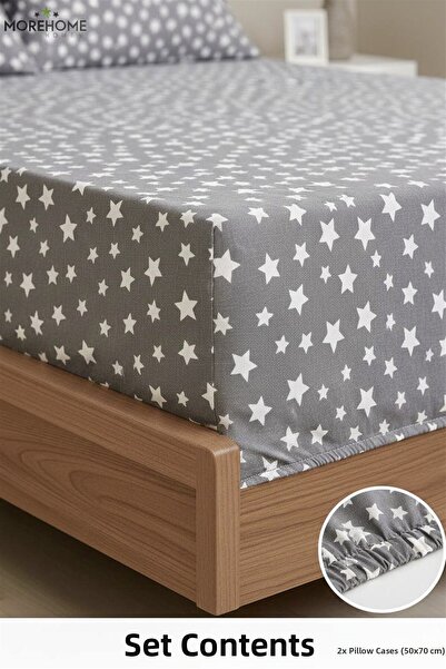 MORE HOME طقم ملاءات سرير مطاطية فردية + غطاء وسادة باللون الرمادي والأبيض مع...
