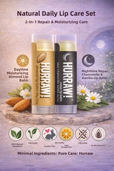 Hurraw مجموعة بلسم الشفاه باللوز والقمر مكونة من قطعتين، 100% طبيعي ونباتي لل...