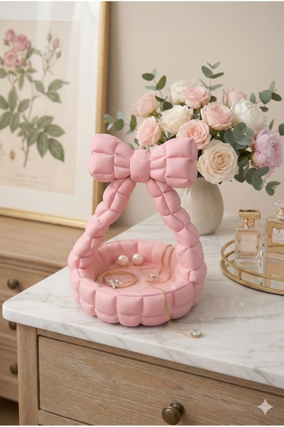 ceatly صندوق مجوهرات مزخرف على شكل فيونكة - منظم للخواتم والأقراط باللون الوردي