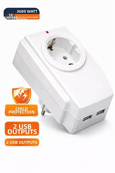 Ecuy 16 Ampere 3680 Watt Single Surge Protected Socket with 2 USB Ports Child...