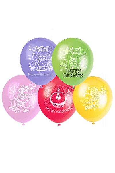 İSTOÇ PARTİ Happy Birthday Written Printed Mixed Color Balloon 20 Pieces