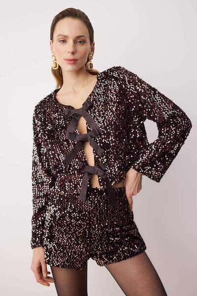 Trendyol Collection Brown Front Tie Sequin Jacket Tpraw26Ce00001