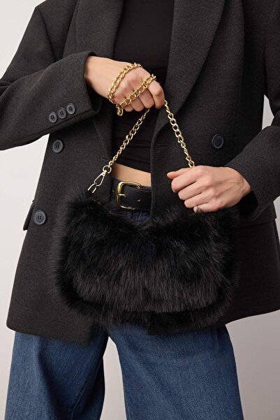 TRENDYOL SHOES Schwarze Damen-Umhängetasche aus Kunstfell mit Kettenriemen TA...