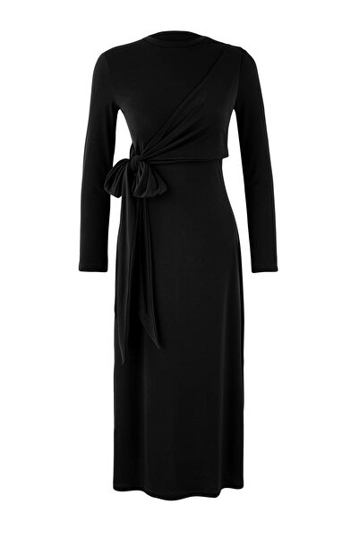 Trendyol Modest Black Binding Detail Sandy Fabric Fitted Form Knitted Dress T...