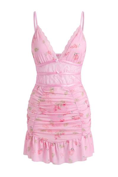 Trendyol Collection Ροζ λουλουδάτο φόρεμα με στρας που αγκαλιάζει το σώμα/Φαν...