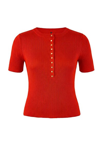 Trendyol Curve Bluză din tricot material reiat cu detaliu roșu cu capse, esen...