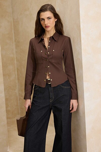 Trendyol Collection Dark Brown Regular Fit Gold Button Detailed Gabardine Shi...