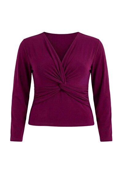 Trendyol Curve Pflaumenfarbene Bluse mit tiefem V-Ausschnitt und gerafftem Sa...