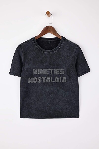 Trendyol Collection Antracit Slogan Regular Mold Efect învechit/decolorat Tok...