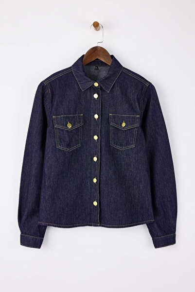 Trendyol Collection Dark Blue Button Detailed Basic 100% Cotton Denim Shirt T...