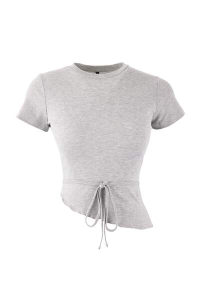 Trendyol Collection Bluză gri Melange Fitted/ mulat din bumbac cu nervuri, cu...