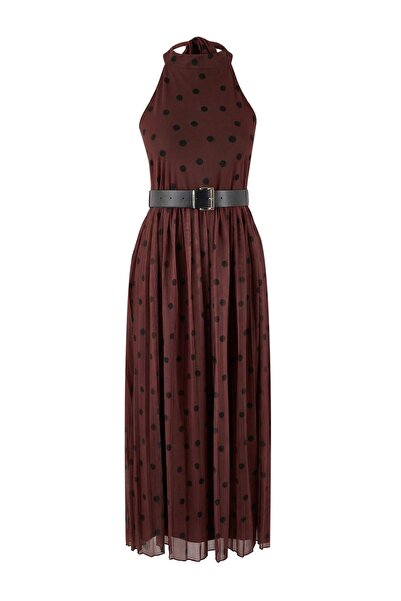 Trendyol Collection Rochie maro cu buline, cu decolteu deschis în talie, cu p...