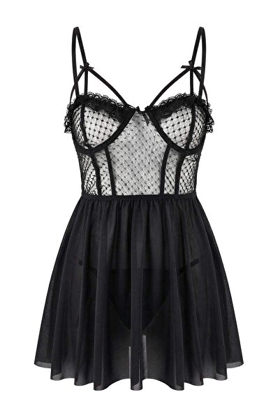Trendyol Collection Schwarzes Babydoll/Nachthemd mit gepunktetem Brustdetail ...