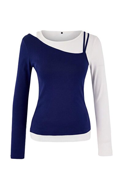 Trendyol Collection Navy Blue Color Block Regular/Normal Fit Long Sleeve Cott...