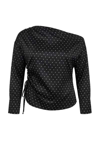 Trendyol Curve Bluză neagră cu mâneci lungi, cu buline, imprimeu leopard TBBS...