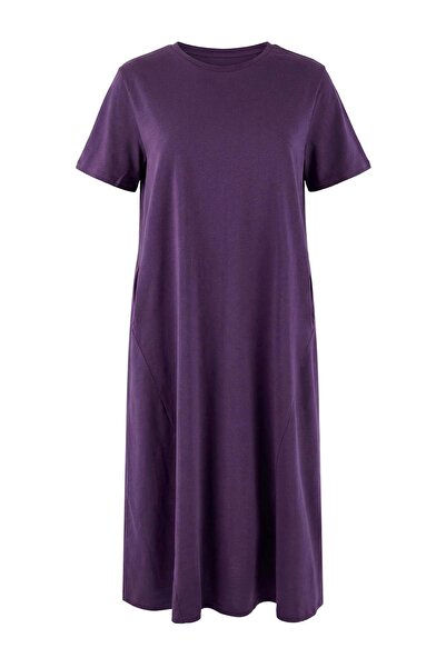 Trendyol Curve Purple Midi 100% Cotton Knitted T-Shirt Dress Tbbss24Ah00067