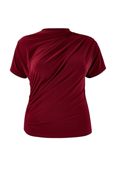 Trendyol Curve Burgundy Mock Neck Shirred Sandy Knitted Plus Size Blouse Tbba...