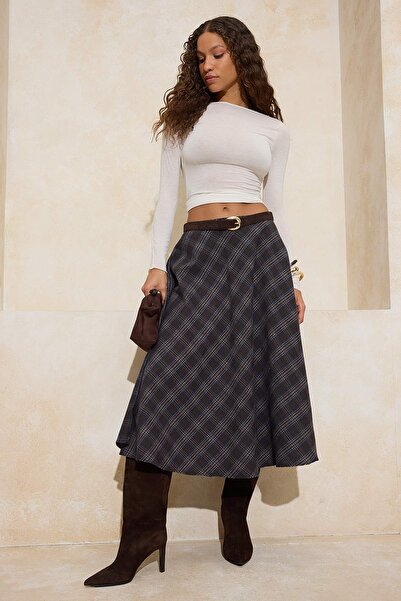 Trendyol Collection Mehrfarbig karierter/kariert gewebter, ausgestellter Midi...