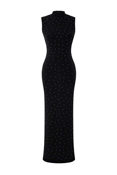 Trendyol Collection Black Stone Printed Knitted Lined Evening Dress & Graduat...