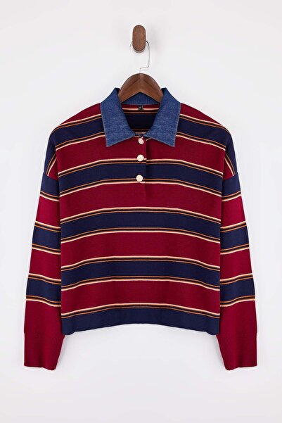 Trendyol Collection Mehrfarbig gestreifter Strickpullover mit Polokragen und ...